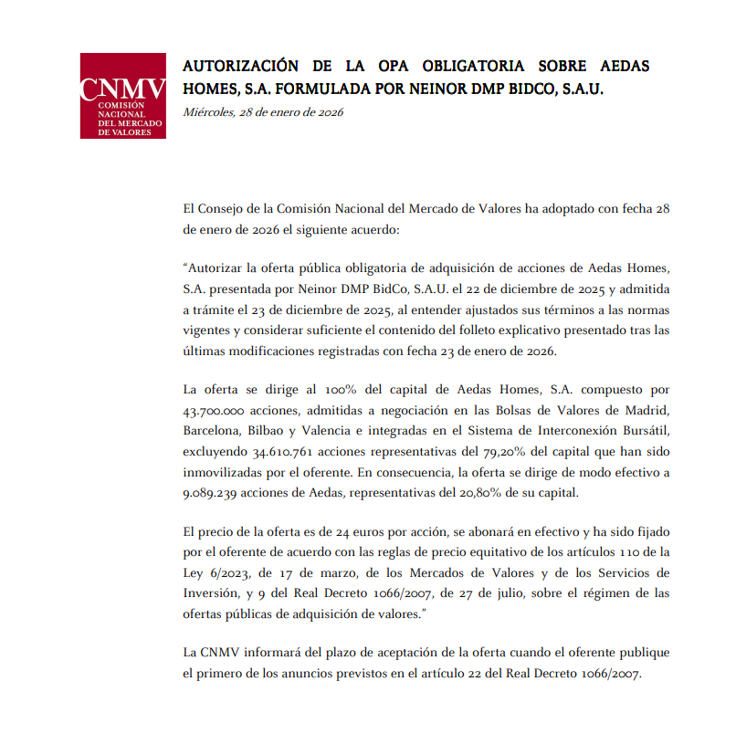 Queda autorizada la OPA .....El plazo para acudir a ella será del 30 de enero al 27 de febrero ambos inclusives..
Un saludo!