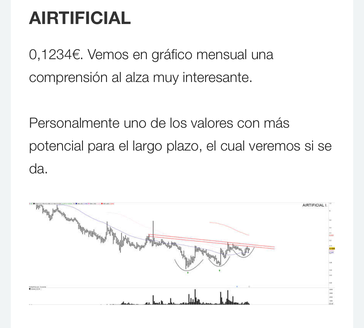 Sabes quién lo ve también ?
Uno de Megabolsa …
“ personalmente uno de los valores con más potencial “….
Y tiene muchos análisis así muy optimista sobre esta empresa y en su futuro pero no la dejan subir por los motivos que sean que creo que son los que vengo diciendo aquí…
O un inversor o porque están cerrando acuerdos muy importantes que cambiará radicalmente el presente y futuro de esta empresa…