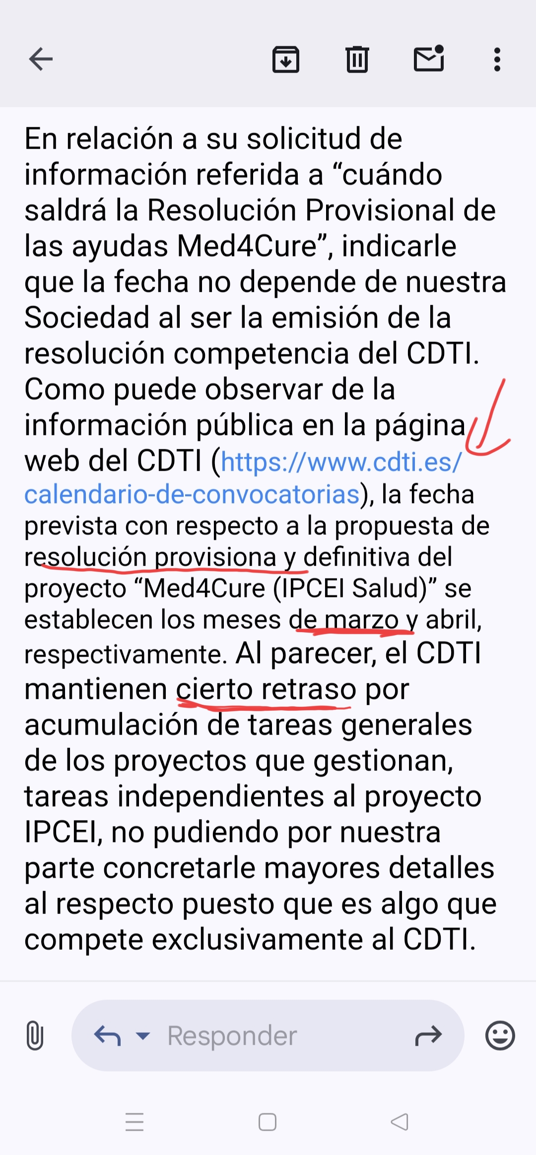 Así contestó Oryzon a mi pregunta, la respuesta es de ayer a la tarde , en la agenda aún constaba marzo como fecha para la resolución provisional .
Hoy si vemos el enlace del CDTI han movido fechas , y consta abril.
Pues a ver joes.