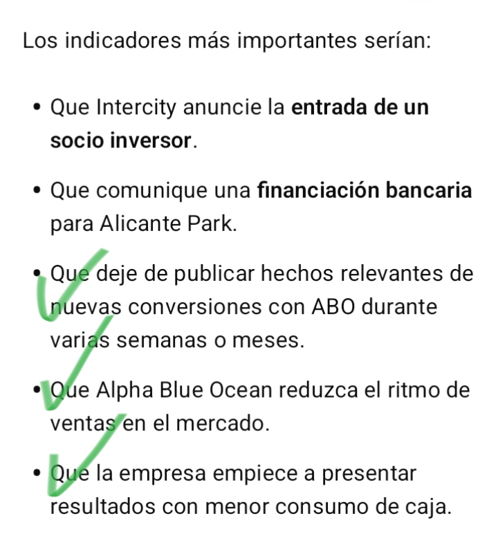 El inversor es Nextestage, punto 1
Punto 3,4,5 cumplidos
3.levamos casi 2 meses sin publicar OIR de nuevas conversaciones,
4.ABO lleva más de 1 mes sin vender según la última información que tenemos, que mantenía el 23%
5.Los resultados han mejorado mucho