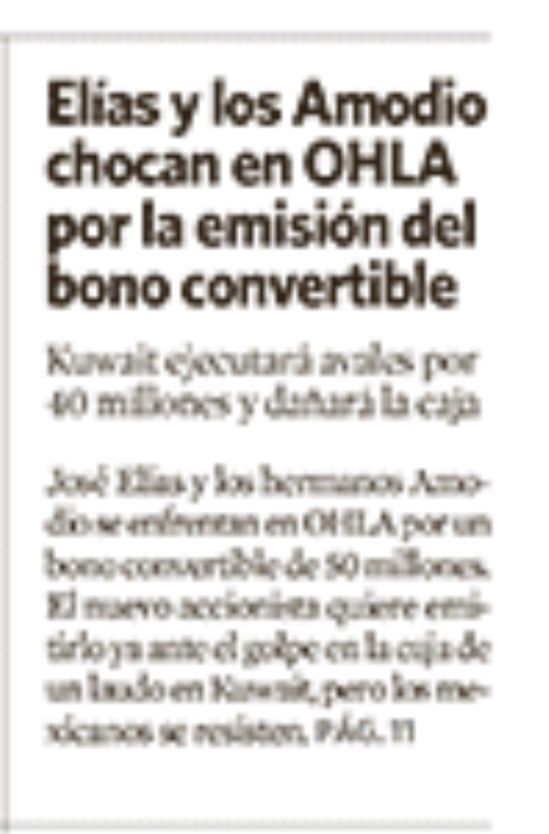 Elías quiere una Emisión de bonos por ejecución de avales de 40M en Kuwait. Los Amodios parece que se oponen