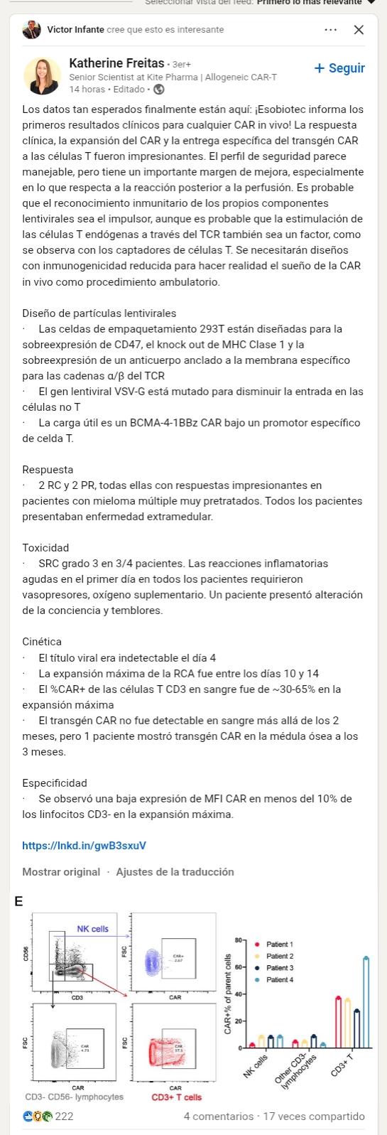 Nuestro CEO compartiendo hitos sobre noticias CAR T y alguno vendiendo, jajajaja