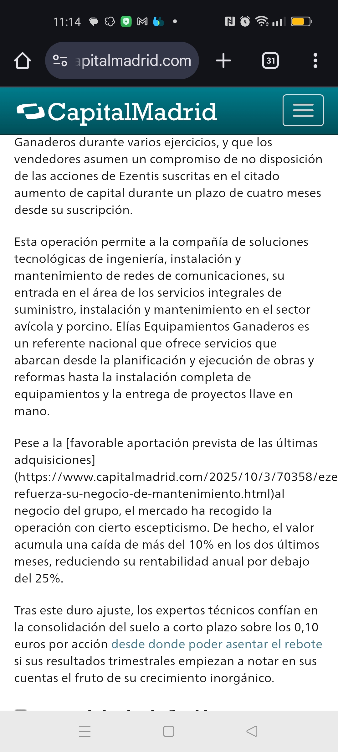 FYI.
A ver si hacemos suelo y empezamos a remontar como dicen en este artículo.
Animo
https://www.capitalmadrid.com/2025/10/20/70442/a-ezentis-le-cuesta-convencer-al-mercado.html