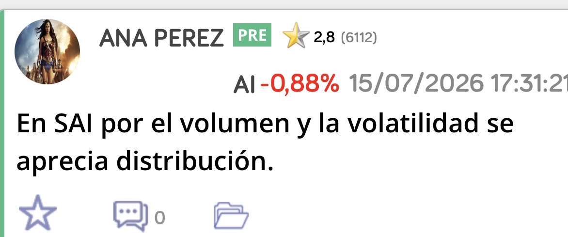 Blas estabas leyéndome en Airtificial cuando recomendé comprar SAI en 0,025 ?
Me leíste en Airtificial cuando avisé de distribución el último día que llego a los 0,086 ?
Yo estoy aquí para ayudar
Tú estás para lo único que vales
Para meter mierda
TÚ TE LO PIERDES !
Sigue así que vas genial campeón.