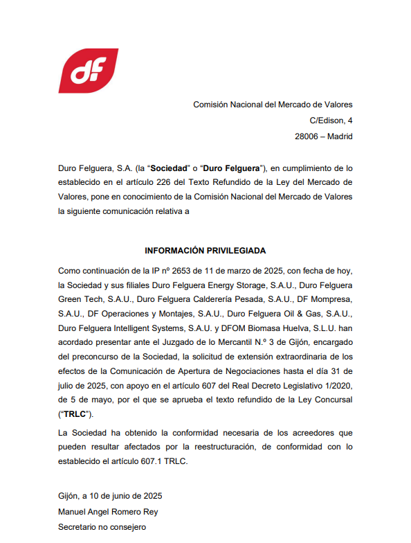 Solicitud de extensión extraordinaria de los
efectos de la Comunicación de Apertura de Negociaciones hasta el día 31 de
julio de 2025
