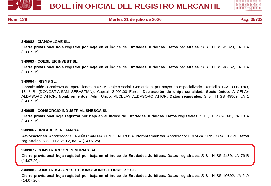 Otra publicación de hoy en el BORME correspondiente al 14 de julio