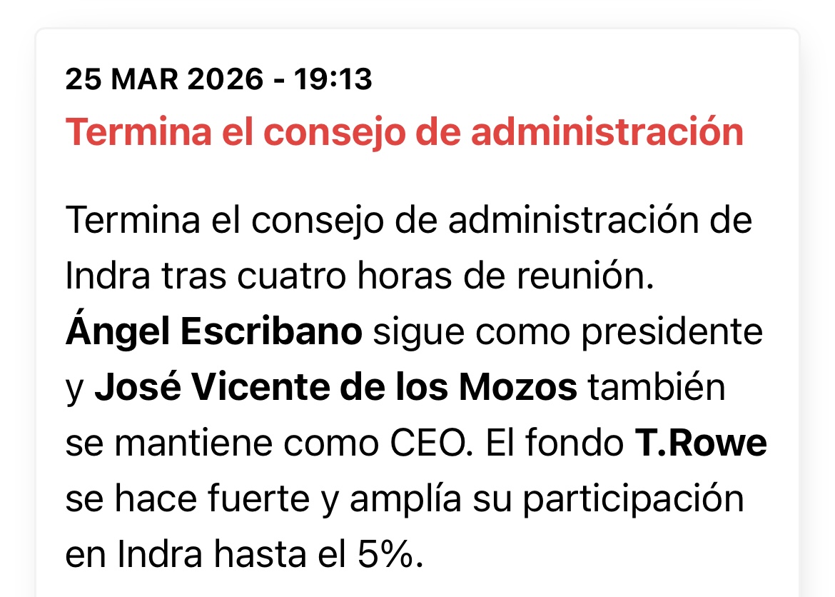 Buenas noticias señores ! Esto llevó a Indra de los 66 a 48 de hoy en día ! Ahora a recuperar lo que han quitado !
Lets gooooo