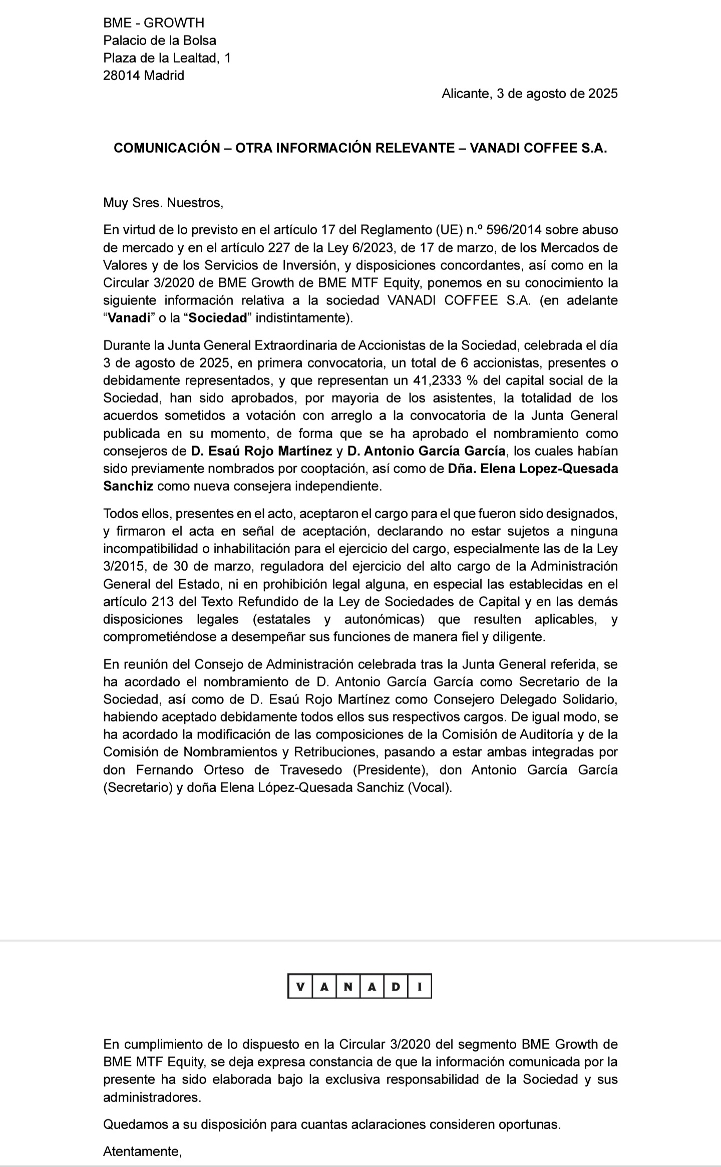 Junta de accionistas Vanadi