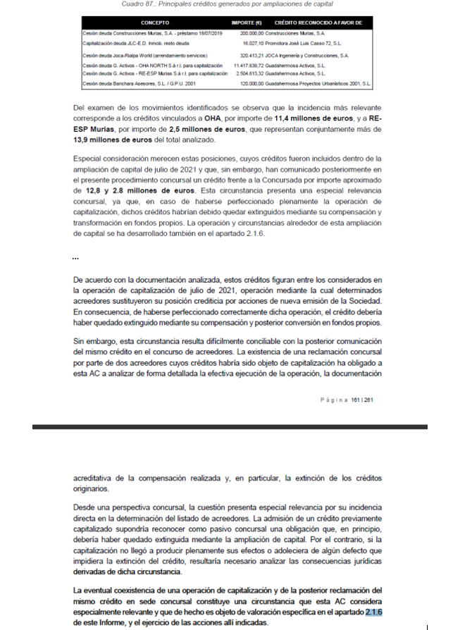 Aporto extracto del informe del AC que considero interesará; en mi opinión, de ser cierto lo que se cita, un cambio de socio en 2021 a acreedor en 2026 supondría un perjuicio para los minoritarios al ser “adelantados” en el cobro en una eventual liquidación de la sociedad.