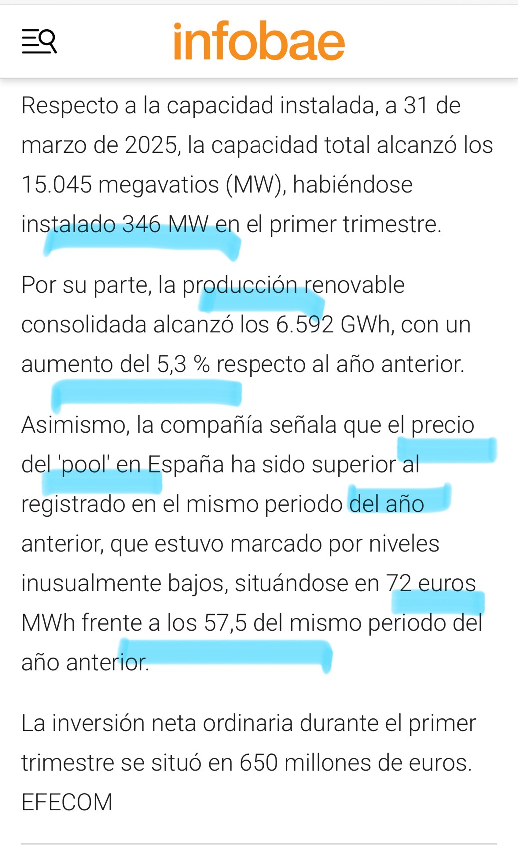Instalaron 346 MW 1t
No sabemos el beneficio (igual porque va integrado en las cuentas del grupo), pero resaltan que se han beneficiado del precio pool q pasó de 57,5€ a 72€
Está claro que las renovables hemos ganado más en el 1t 2025 vs 1t 2024