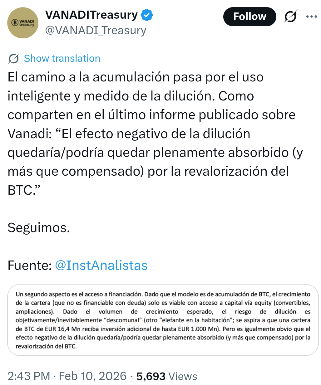 Es que es de risa.
"El efecto negativo de la dilucion quedaría/podría quedar plenamente absorbido por la revalorizacion del BTC"
Si, claro, pero no para los que han comprado durante estos meses, ni para los que compren ahora, sino para los que compren en un futuro cuando las diluciones para tener dinero para comprar, hayan hundido aún más la cotización. Si es que lo ve hasta un ciego.