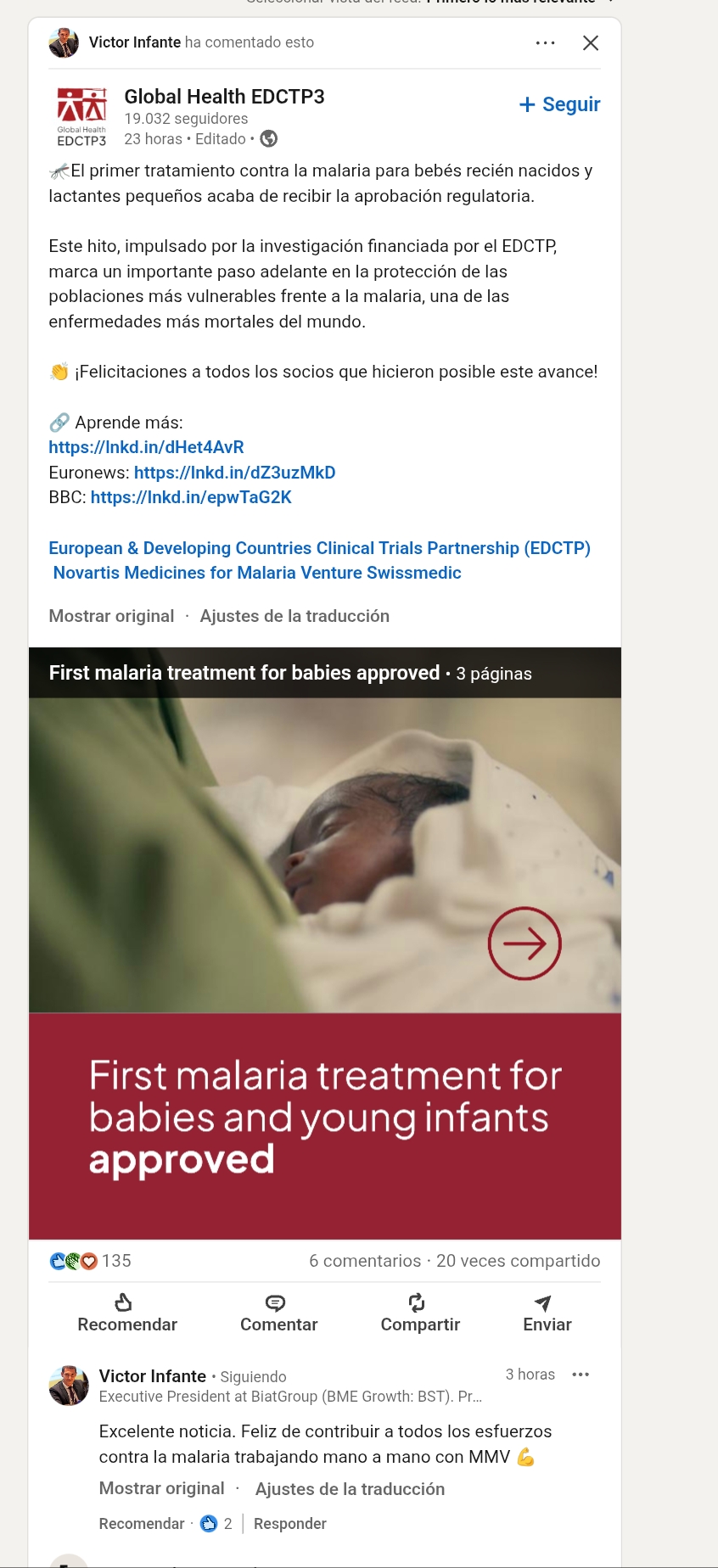 El primer tratamiento en contra de la malaria en lia bebes recién nacidos lactantes ha visto la luz ,gracias también a las pruebas que se hicieron en los laboratorios de biobide empresa de BST , tenemos que estar orgullosos.