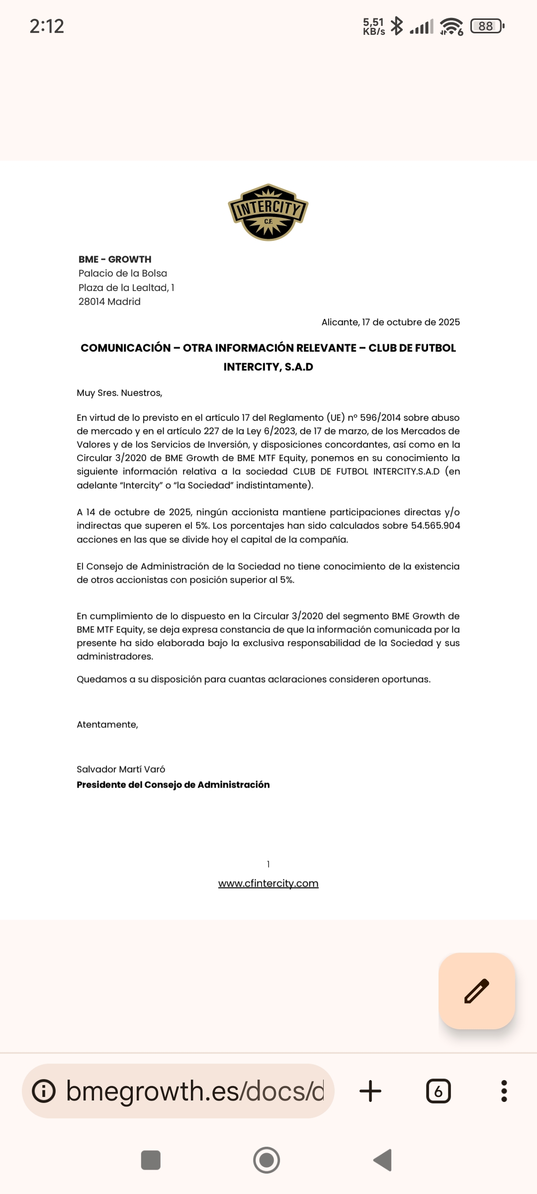 grafico de la accion Intercity CF