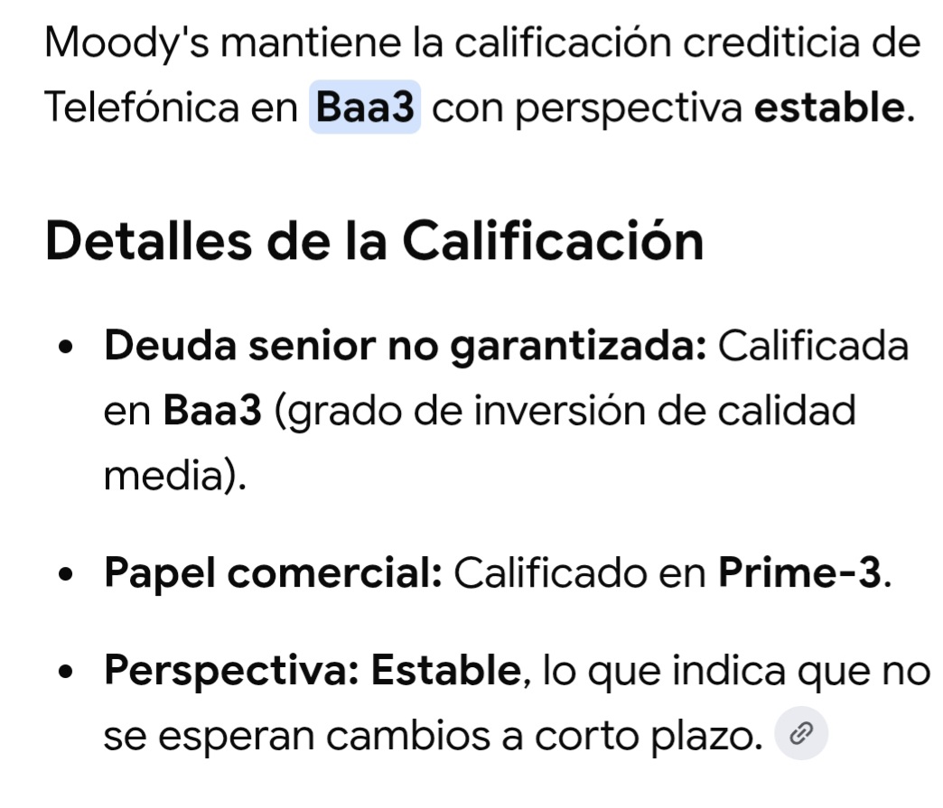 A modo de ejemplo...
La gran telefónica...
Pocas empresas de la bolsa española tiene una A por moody"s...