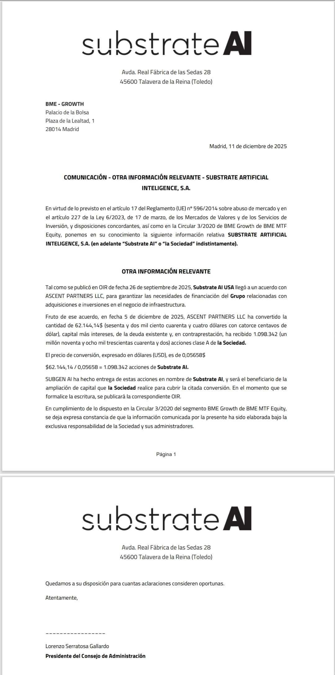 grafico de la accion Substrate