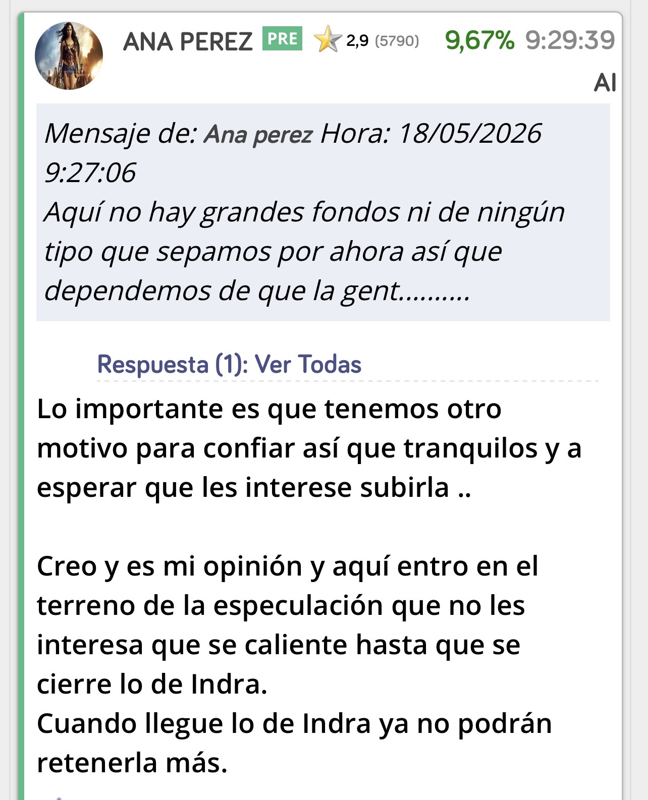 Exacto a primera hora lo dije …
No interesa aún que se caliente.
Cuando les ha interesado bien que la calientan verdad ?
Como ocurrió en 2023 y ahí daban pérdidas también.
El año pasado dieron beneficios en 2024 y la bajaron con gran facilidad también.
La acción no responde a la realidad de la empresa sino que atiende a otros asuntos.
Es jodido pero así es hasta que les interese no la dejarán subir otra vez.
Buenas tardes y paciencia jjjj