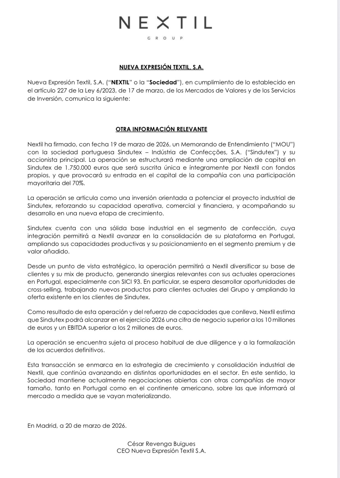 grafico de la accion Nextil