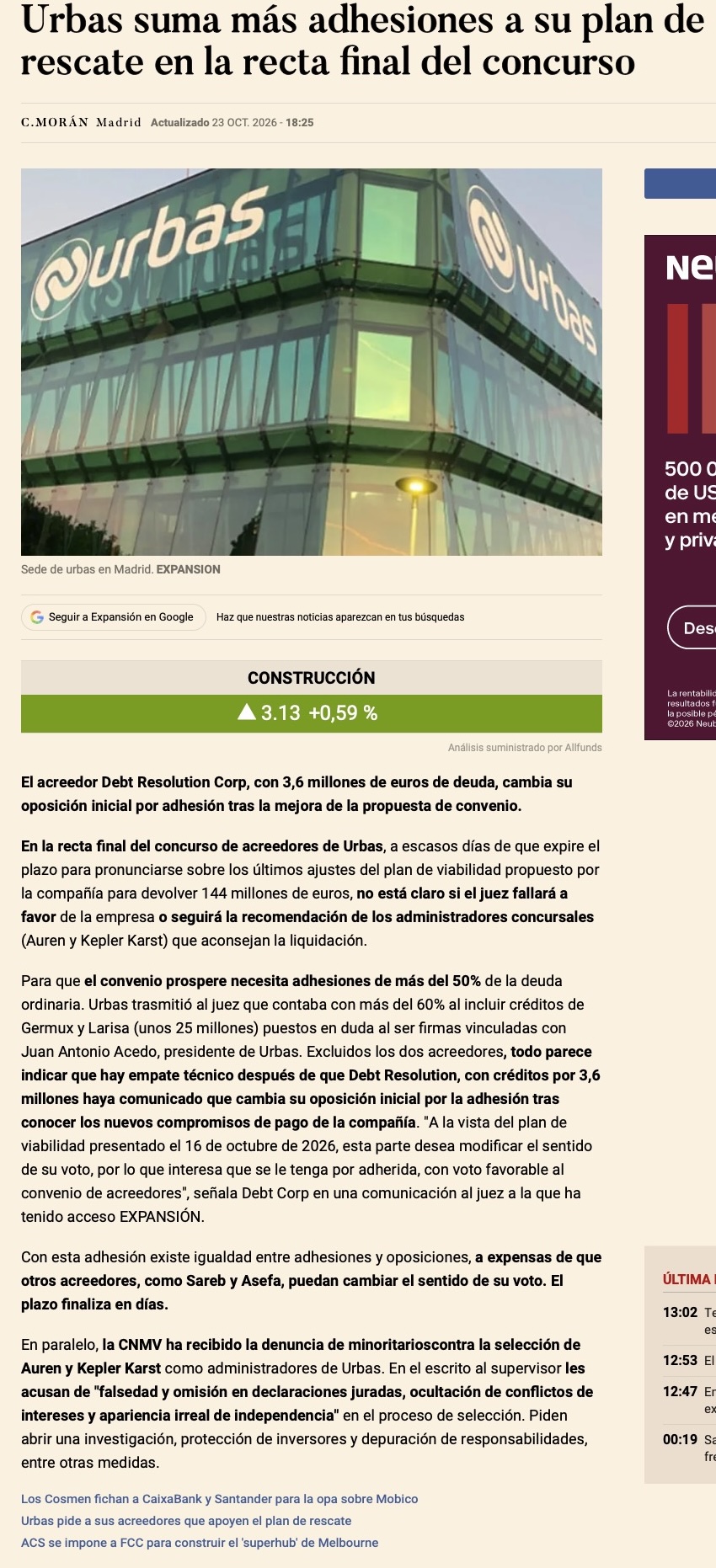Urbas suma más adhesiones a su plan de rescate en la recta final del concurso