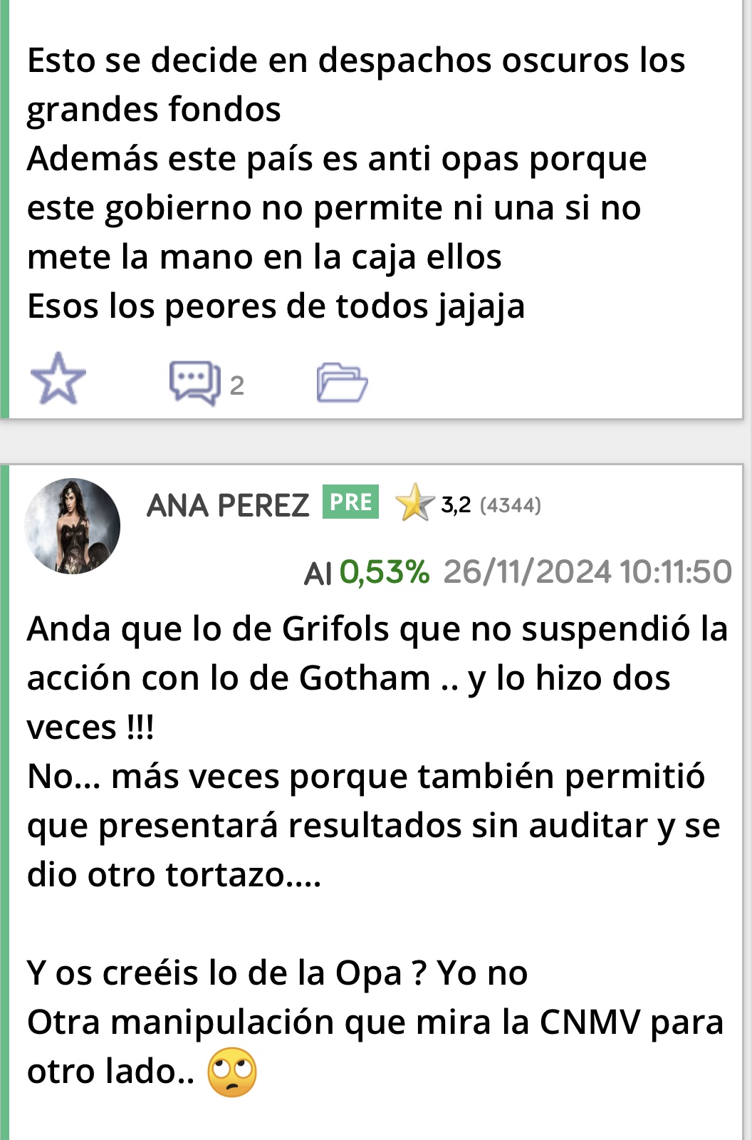 En Grifols me llamaban Ana la marrana <span class="Emo21"> </span> jjjj
Así que lo de Anita Dinamita de hoy me ha parecido un piropo … <span class="Emo39"> </span> jajajaja
Y engañé allí ?
Siempre les dije que aprovecharán cualquier calentón para vender…
Y de la Opa que era mentira no les dije nada porque si no …
Aquí sí que lo dije ..
YO NO MIENTO NI ENGAÑO A NADIE !!
Os dije que 2025 será un gran año y lo será !
Vamos inteligentes