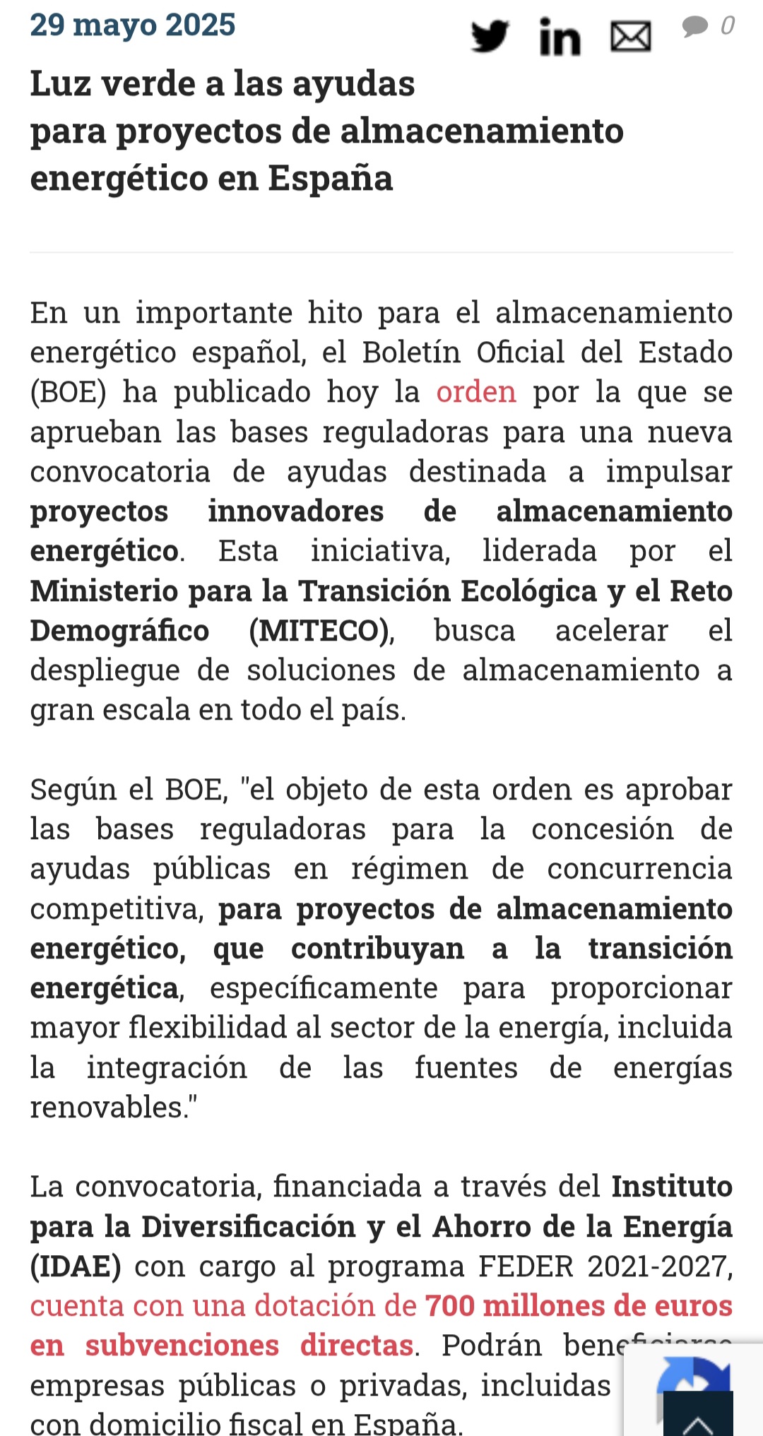 Publicada la convocatoria en el BOE de hoy, 700 millones para almacenamiento.
El mes que viene mecanismo de capacidad y BOOM, ahí lo dejo escrito.