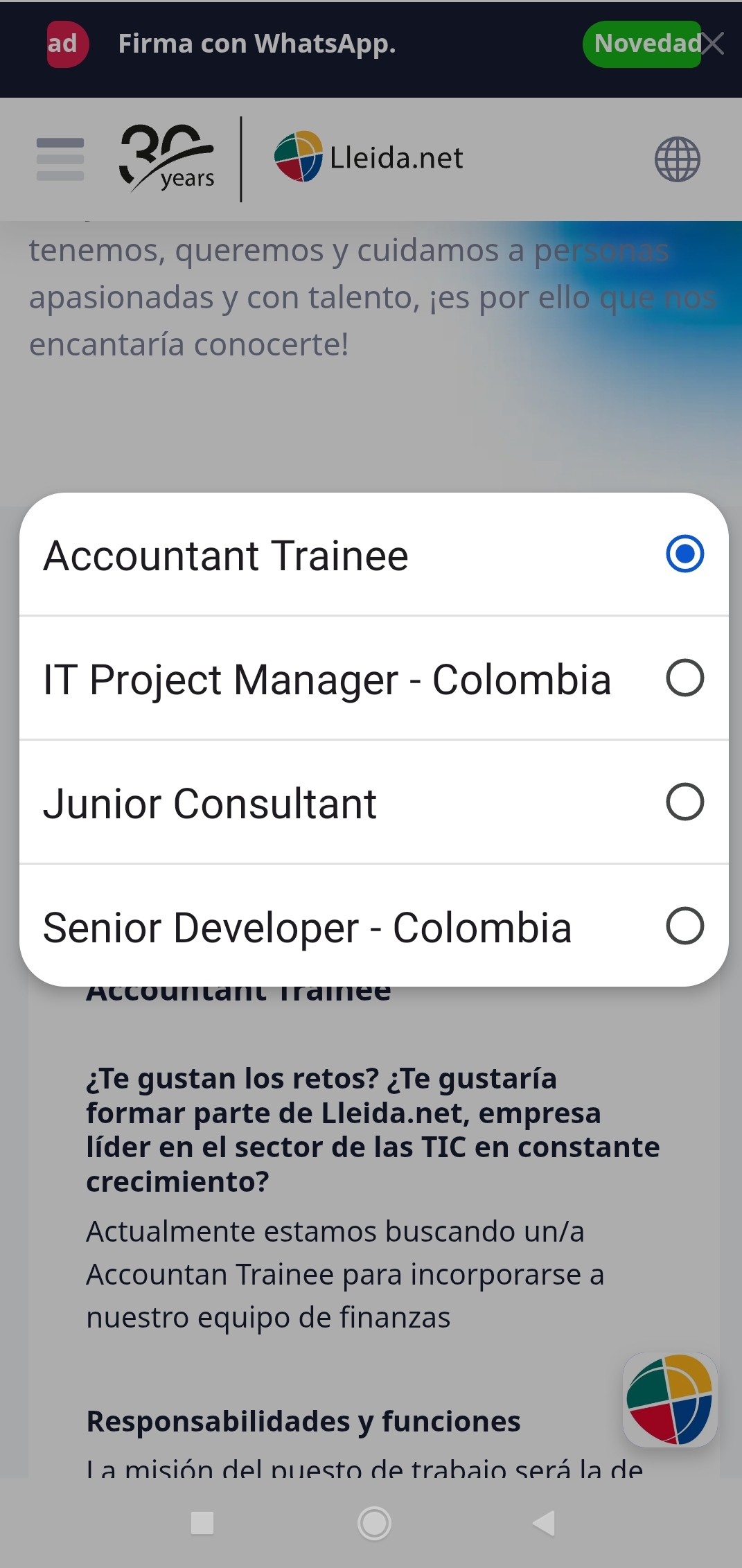 4 ofertas de trabajo para incorporar a la compañía.....2 de ellas en Colombia.....