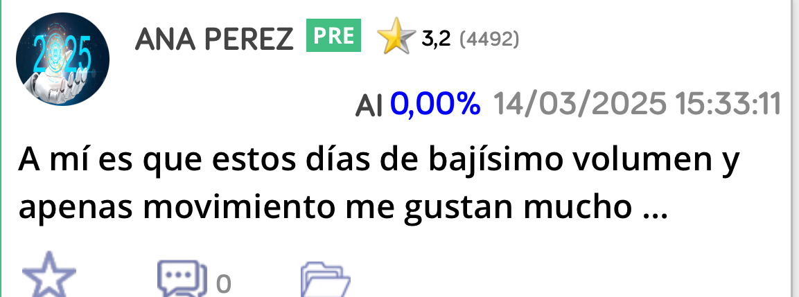 Cuando nadie la quiera deséala <span class="Emo39"> </span> <span class="Emo4"> </span> jjjj
Ese es mi lema y cuando a mí me gusta comprar ..
Es mejor acumular poquitas durante días así y el riesgo se reduce radicalmente
Eso hacen los buenos intras y los inversores
Comprar sin ruido acumulando paquetitos cuando hay menos volumen…
Bueno sólo intento ayudar... <span class="Emo21"> </span> jjjj