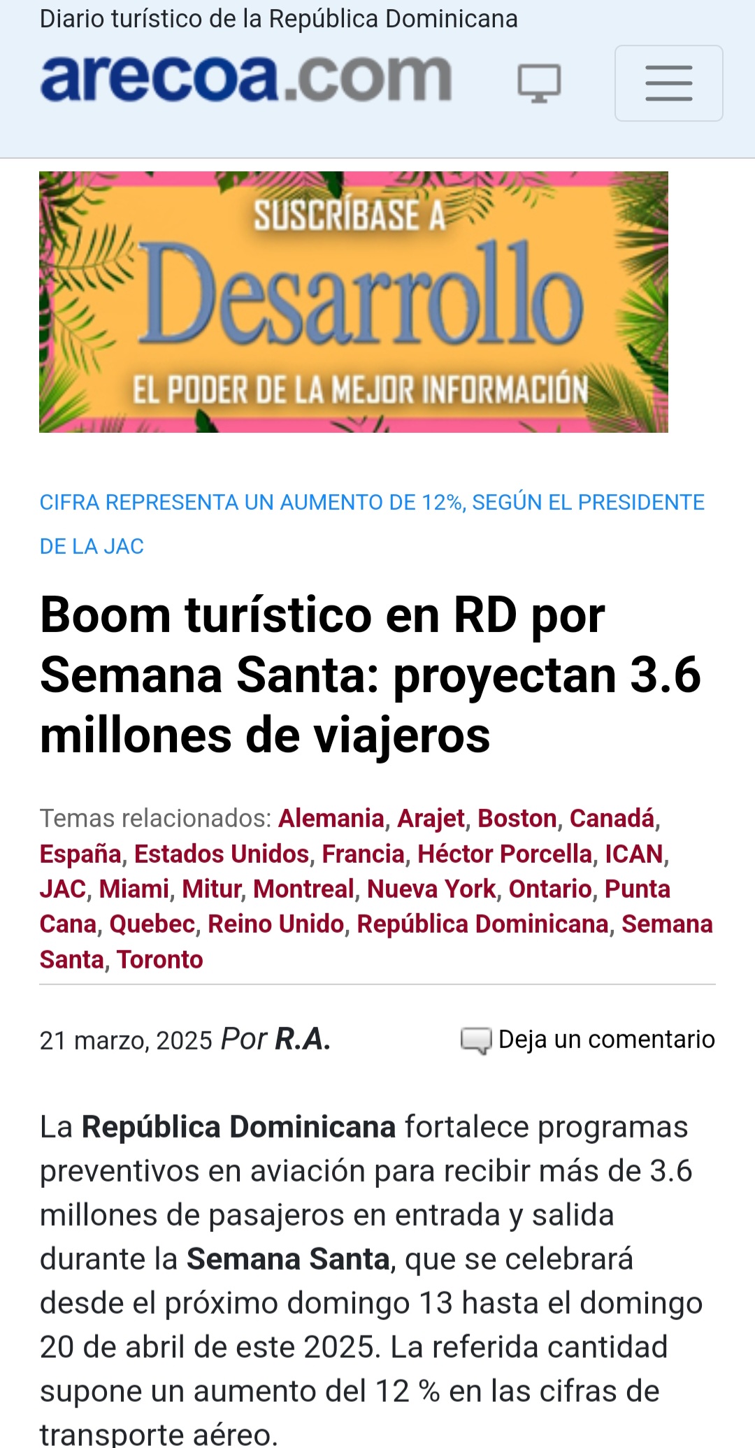 Hector Porcella, presidente de la Junta de Aviación Civil, indicó que las expectativas para Semana Santa son que vamos a crecer por encima del 12 %, consolidando al país como uno de los destinos turísticos más importantes del Caribe».
Estados Unidos sigue siendo el principal emisor de turistas, con un flujo constante de viajeros provenientes de ciudades como Nueva York, Miami y Boston.
Además, Canadá mantiene su relevancia con un aumento considerable de visitantes desde Toronto, Montreal, Ontario y Quebec.
Europa, con España, Reino Unido, Alemania y Francia a la cabeza.
Mientras que México y Brasil experimentan un crecimiento sostenido, especialmente gracias a la mejora en la conectividad aérea y el aumento de vuelos directos a través de la aerolínea de bajo costo Arajet.