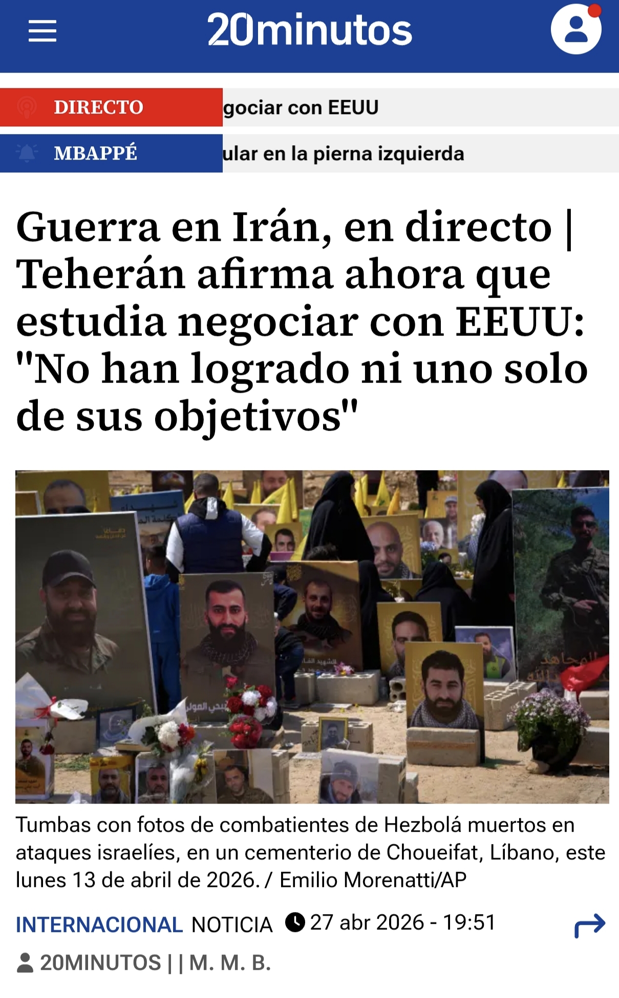 Ojoooo
Irán estudia ahora la posibilidad de entablar negociaciones con Estados Unidos, aseguró este lunes el ministro iraní de Exteriores, Abás Araqchí, en declaraciones a la televisión rusa. "Es evidente que Irán se enfrenta a la mayor superpotencia mundial y ellos no han logrado ni uno solo de sus objetivos. Es por eso que él (Donald Trump) pide negociaciones y nosotros ahora estamos estudiando esa posibilidad", dijo Araqchí a la televisión pública rusa, país donde se encuentra de visita oficial