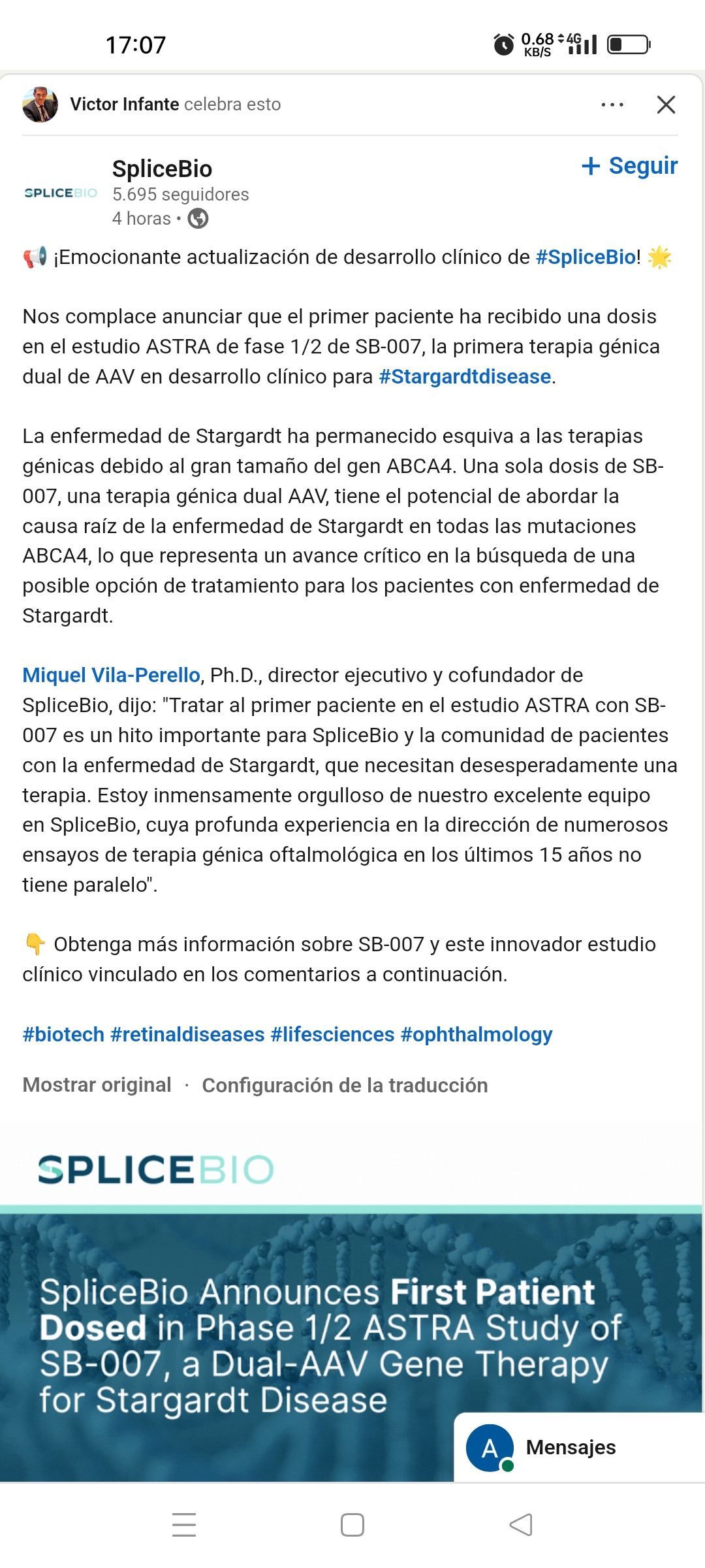 Más importante esto de spliceBio empresa con la que estamos trabajando e infante lo celebra.