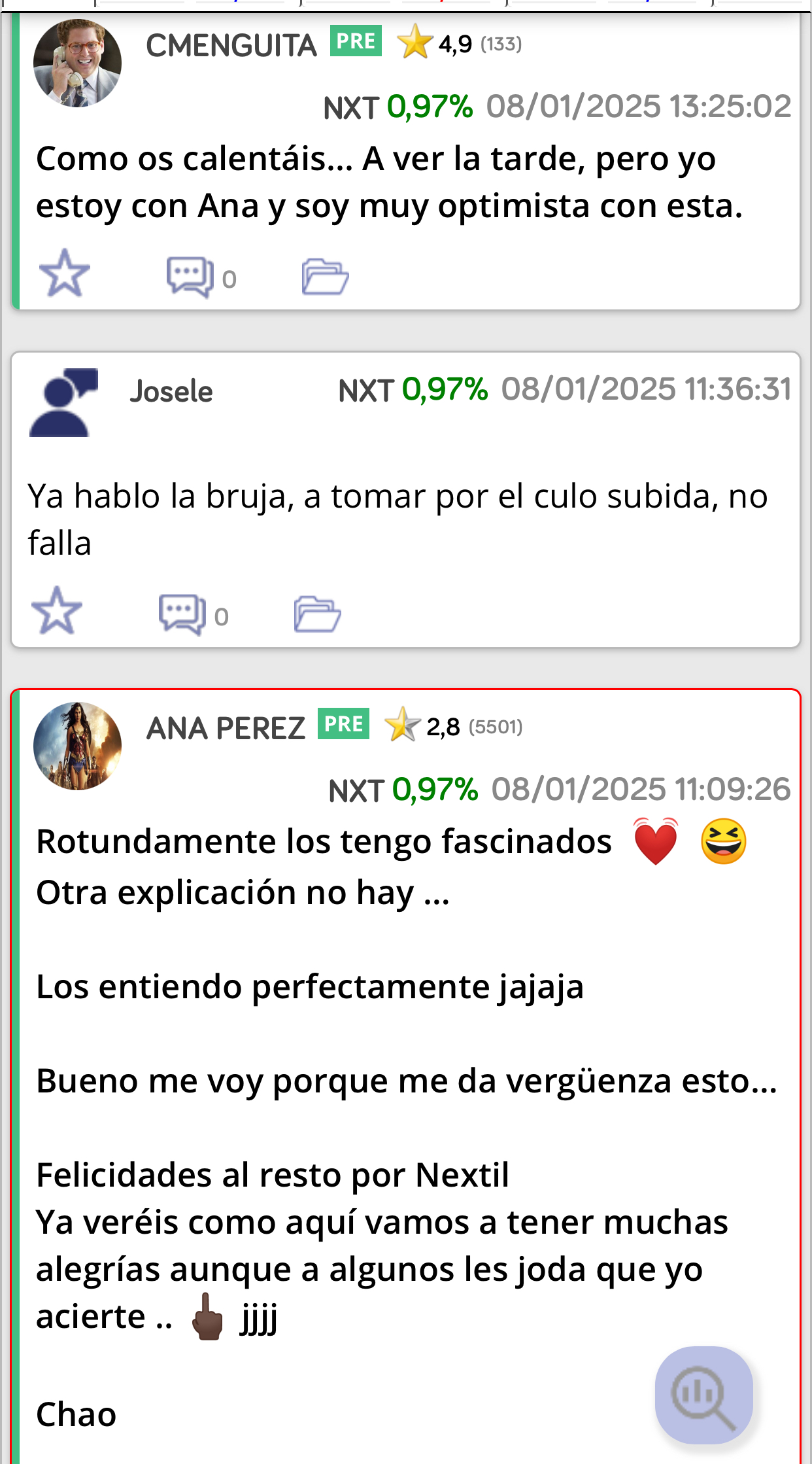 Jose por si te sirve de consuelo mira como me trataban en Nextil… <span class="Emo26"> </span>
Igual o peor que aquí pero el tiempo va poniendo a cada uno en su sitio y aquí voy a acertar también sólo que esta empresa depende mucho más del sector público y como vemos están hechos unos golfos <span class="Emo21"> </span> jjjj
Pero esta empresa es estratégica y al final la van a ayudar como hemos visto que ha hecho Airbus con ese contrato con los drones …
Falta lo de Indra pero llegará y entonces será un antes y un después… <span class="Emo42"> </span>