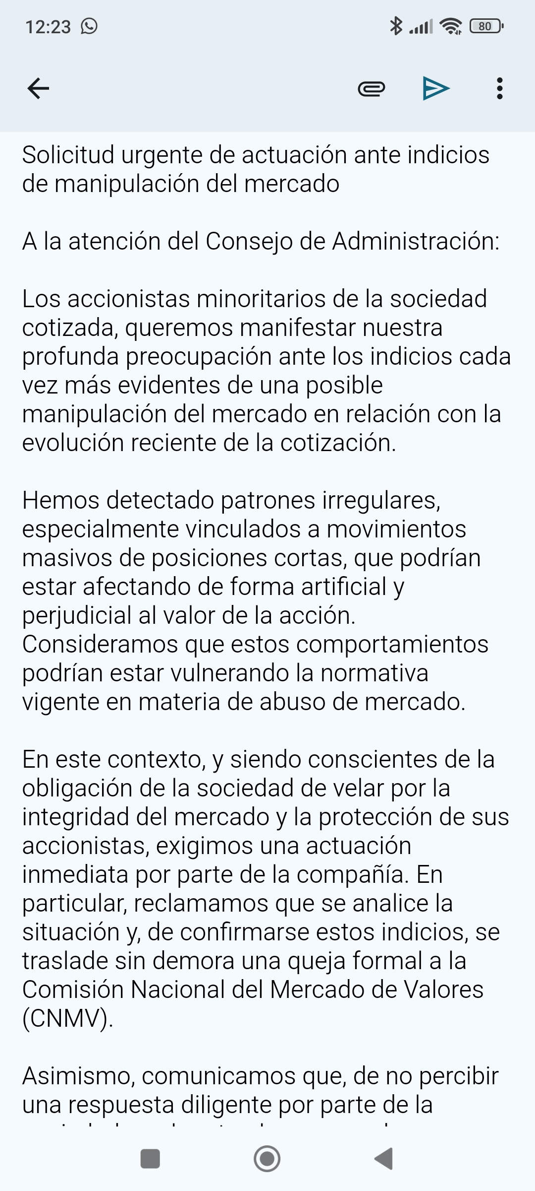 Señores aquí va otro escrito. Necesitamos denunciar los hechos . Podéis cogerlo como base o similar para enviar vuestros correos.
accionistas@solariaenergia.com