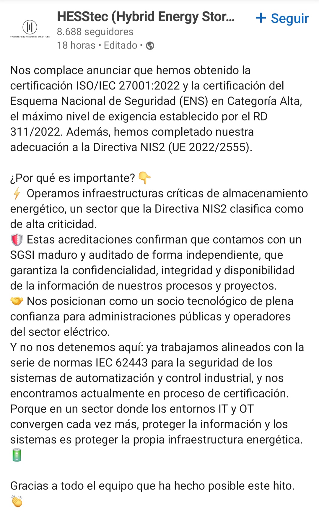 Comenté el Jueves que antes de hacer BESS en FEDER, hay compliance obligatorio como la ISO 27001. Igual que END, nuestros partners también sabían que en este inicio de año no había tiempo que perder. Quienes conozcan Clerhp, pueden comparar los últimos 8 meses en bolsa de END con esa fase de permisología y planificación productiva previas a Larimar; trabajo arduo para la empresa y tedioso para el accionista pero imprescindible; una vez cristaliza, te convierte en una empresa de 40 MM con una posición de mercado única por el potencial de disparar ventas a corto plazo en un mercado con grandes barreras de entrada (know how/productivas/compliance). Una reserva de valor oculto en forma de cena reservada a los comensales más pacientes que pese a los días de lluvia no dudaron de la llegada de Señor Mercado <span class="Emo22"> </span>
