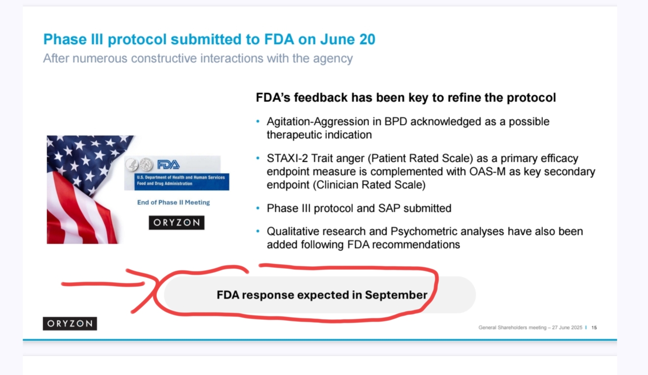 La respuesta de la FDA al tema del protocolo fase III se espera en septiembre ( ...alarguemos un poco a octubre. .)
FDA response expected in September