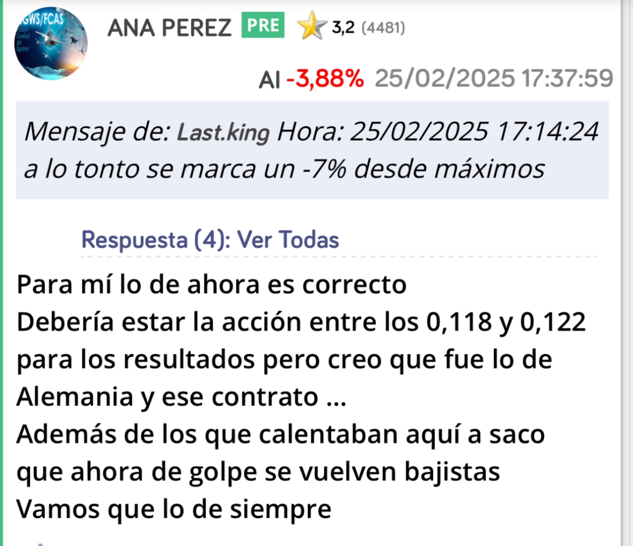 Recordáis donde os dije que debería haber partido los resultados?
Desde la zona de los 0,118 y los 0,122…
Lo fui diciendo siempre verdad ?
Lo que han hecho es retrasarlos mucho tiempo para adelantar compras y posicionarse antes de darlos …por eso hoy no sube tanto …. Ok ?
Os dije que mientras más escondida estuviera antes de darlos mejor.
Para mí personalmente no sube un 3%
Para mí sube mucho más ..
Se entiende? <span class="Emo21"> </span> jjjj