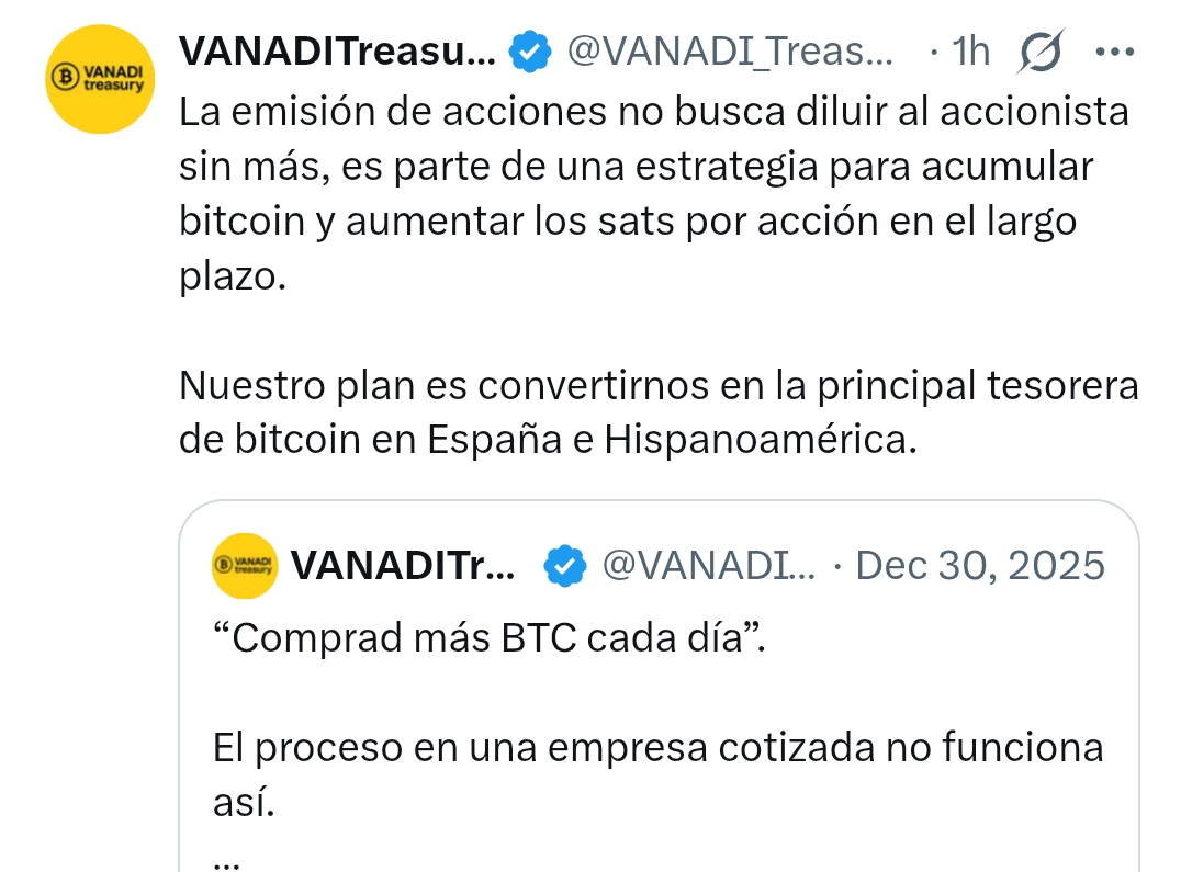 <span class="Emo16"> </span> <span class="Emo16"> </span>
"La emisión de acciones no busca diluir al accionista sin más, es parte de una estrategia para acumular bitcoin y aumentar los sats por acción en el largo plazo."