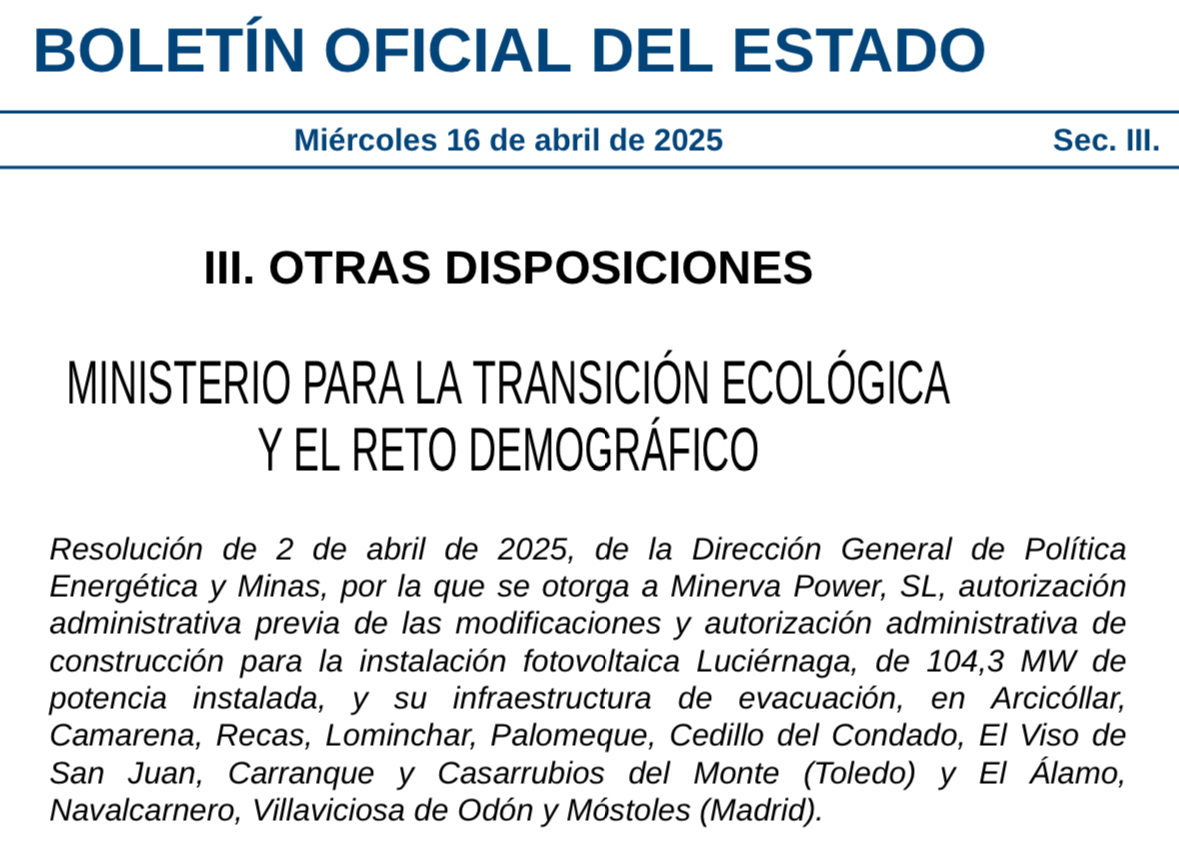 La autorización es para la empresa minerva POWER y en su tramitación se observa que tiene evacuaciones comunes con la muestra. El escrito común con solaria es del 15 de noviembre pasado así q la empresa sigue avanzando