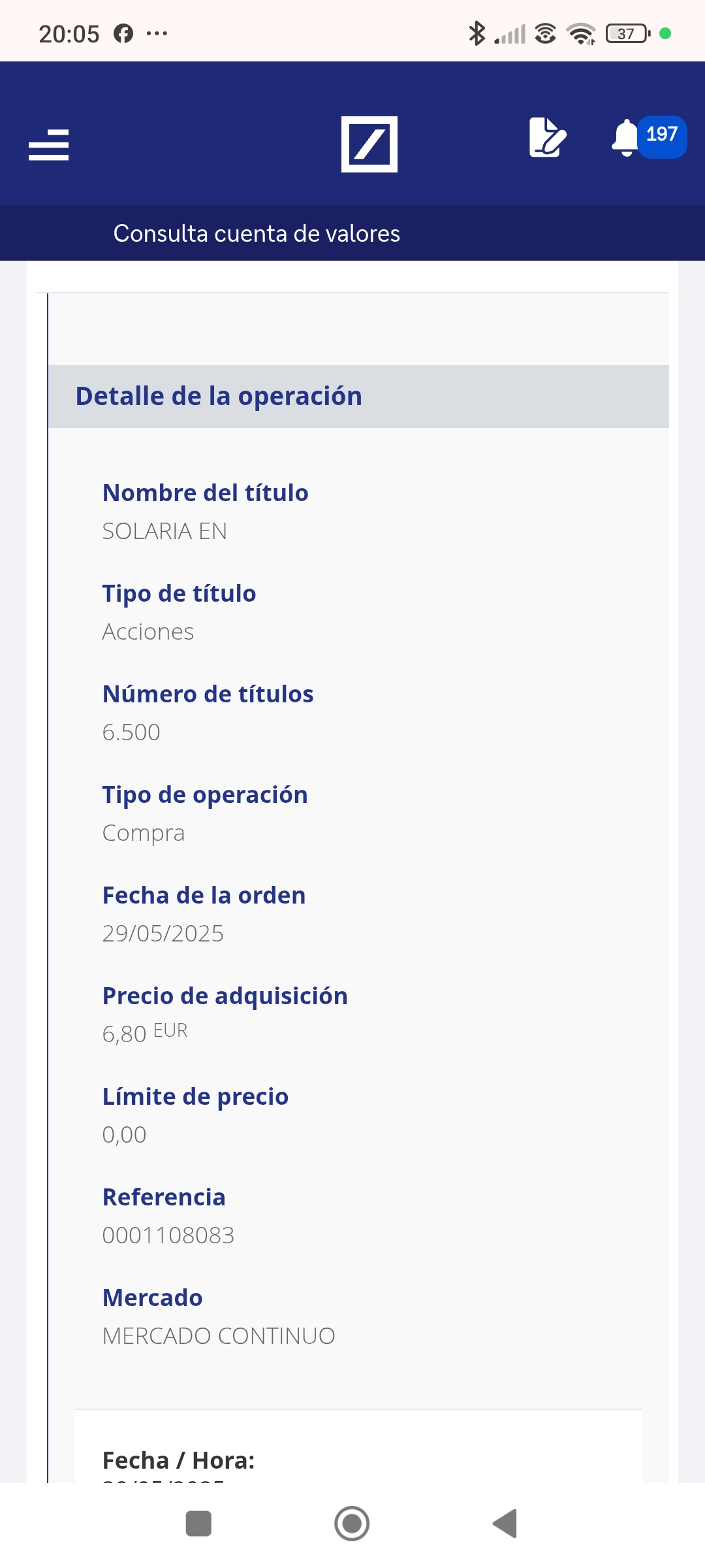 Y la compra de ayer en Solaria.
Ya os dije que la estaba siguiendo y que iba a saltar en breve.
Pues se alinearon los astros tubos se acerco mucho a mi precio, vi que los ticks me marcaban máximos ayer y sabiendo que Solaria le quedaba nada, pues vendí tubos perdiendo cerca de 2000 euros en esta cuenta
Podía haberme esperado a ayer y me hubiera salido casi a la par .
Pero no sabía seguro si el máximo sería 0.626 o superior