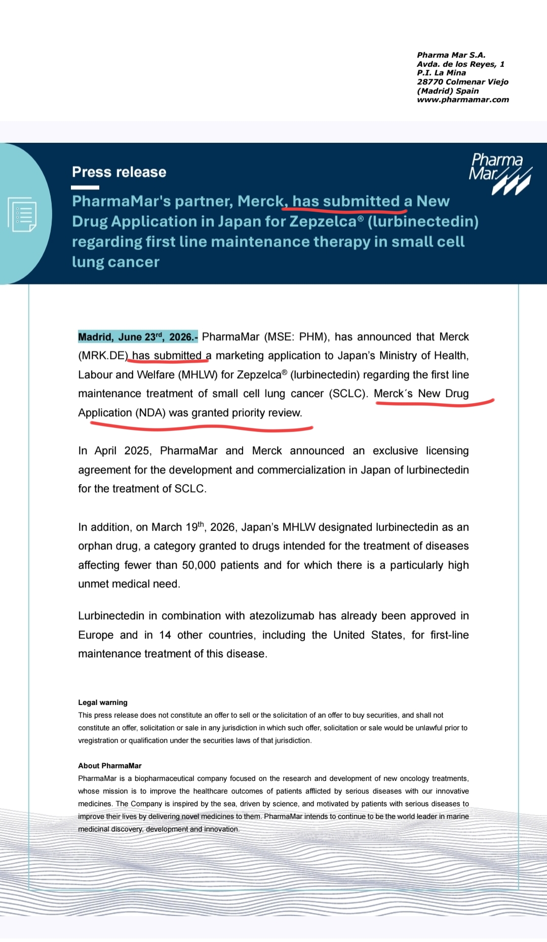 Bueno en la nota de prensa en inglés pq yo reviso las dos .
Escribieron "
has submitted"
Tanto en el anunciado como después .
En la española en el anunciado usan el presente.. que da lugar a un mal entendimiento ., como si la acabase de presentar vamos.
Y no es así ..de hecho lo que anuncian es la Aceptación y la designación de revisión prioritaria