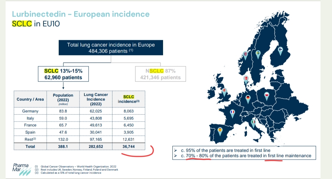Aquí vemos esos países principales .
Cogí esos pacientes de Alemania ,Francia, España e Italia .
Abajo están agrupados los de los socios .
Con un market share del 60%, 8ciclos y 5000€ el ciclo salen sobre 300 millones€..aplicando todos esos %..de los que son extensive*. .van a primera línea...y eso todo....
No tengo en cuenta la segunda línea solo la terapia dee mantenimiento