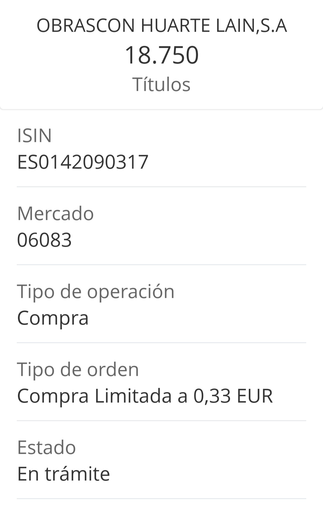 He tenido que poner otra orden las del 0.311 reo que no se verá esta orden la tengo puesta hasta el martes he tenido que subir precio y número de acciones