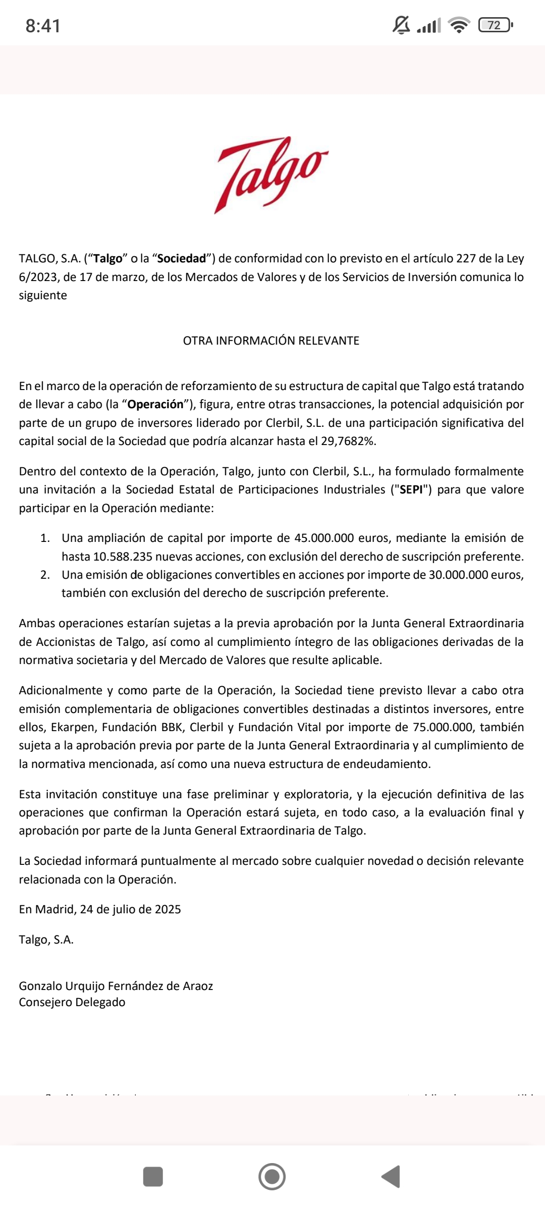 Hay más interesados aunque eso de ampliación