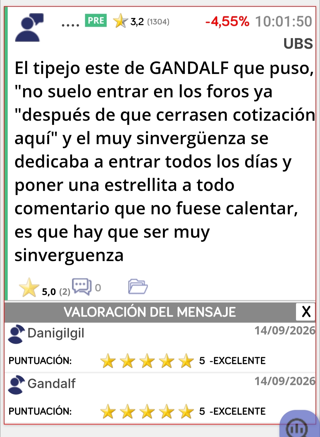 Mirad si es TONTOLAPOLLA GANDALF, que ni se ha enterado aún que ya no puede poner 1 estrella si no solo 5, jajajjaja