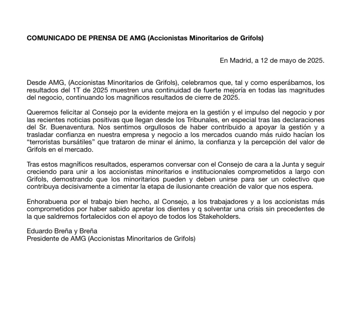 Comunicado de Prensa AMG