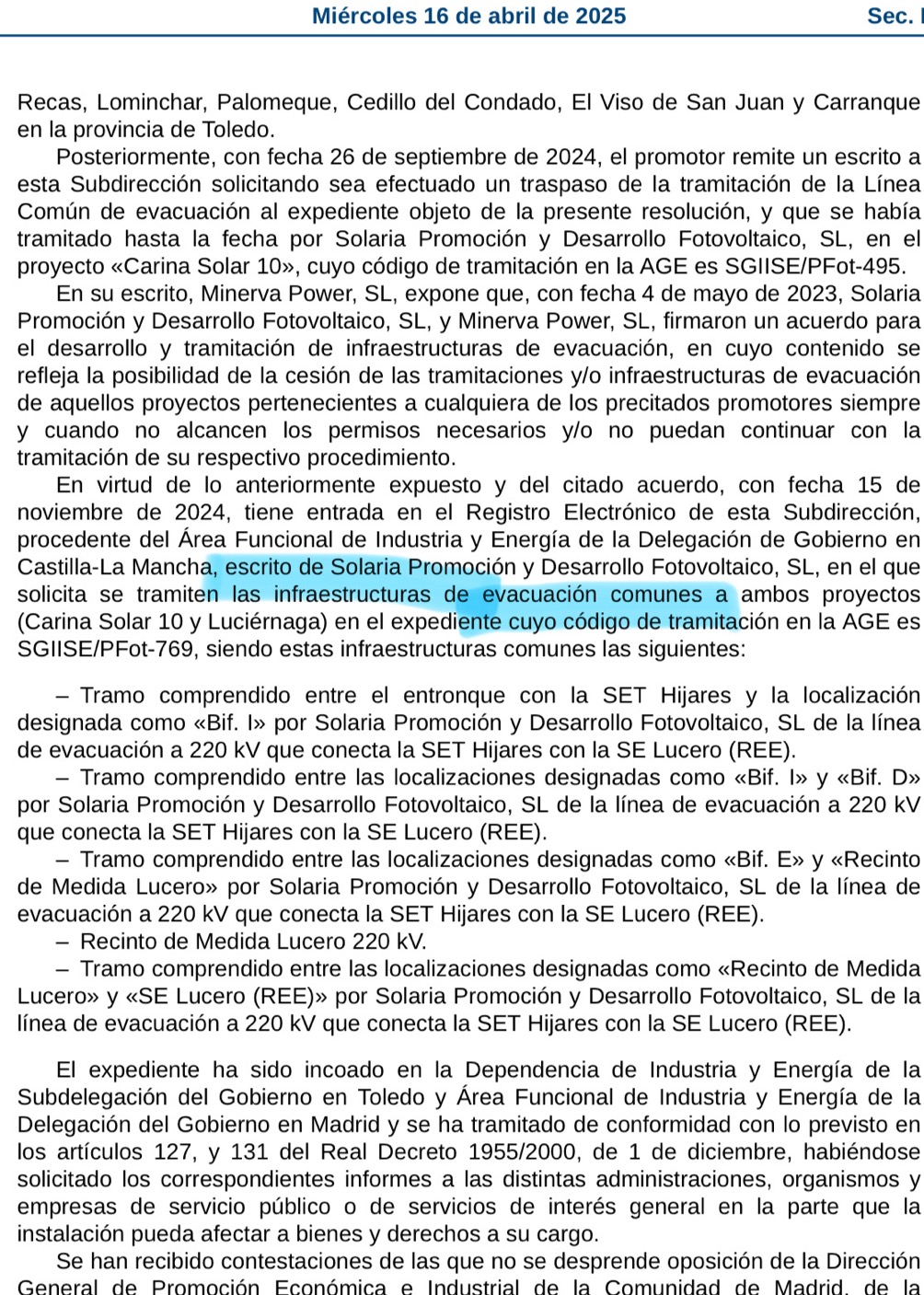 Escrito conjunto del 15.11.2024 con otra planta para evacuación común de Carina Solar 10
