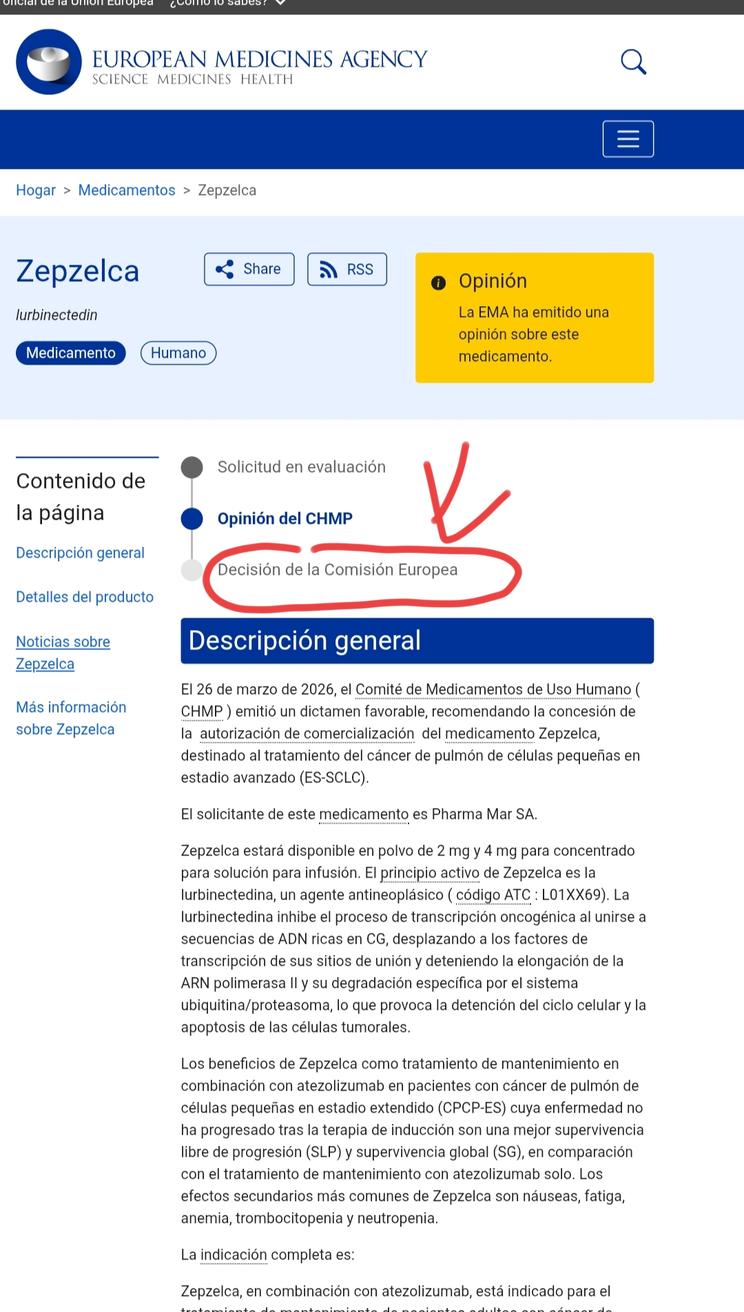 Y esperando que la COMISIÓN EUROPEA ponga el SELLO
cuando pongan el SELLO eso se pone en AZUL OSCURO
nos lo anunciarà Pharmamar ..pero creo que minutos antes lo veremos nosotros en la C.E ..de eso no estoy segura del todo pq con los biosimilares pej las pharmas lo anuncian antes que lo cuelgue la comisión
..
Yo miro cada cierto tiempo en la Comisión Europea