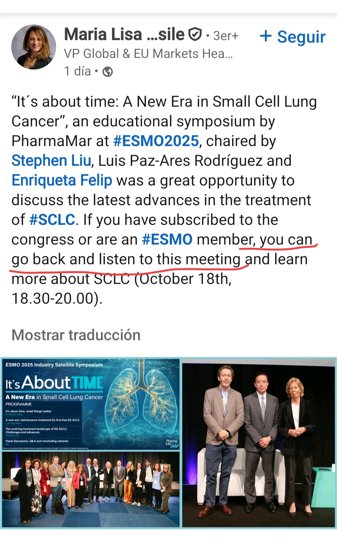 It"s about time: A New Era in Small Cell Lung Cancer", an educational symposium by PharmaMar at ESMO2025, chaired by Stephen Liu, Luis Paz-Ares Rodríguez and Enriqueta Felip was a great opportunity to discuss the latest advances in the treatment of SCLC. If you have subscribed to the congress or are an ESMO member, you can go back and listen to this meeting and learn more about SCLC
You can go back and listen to this meeting