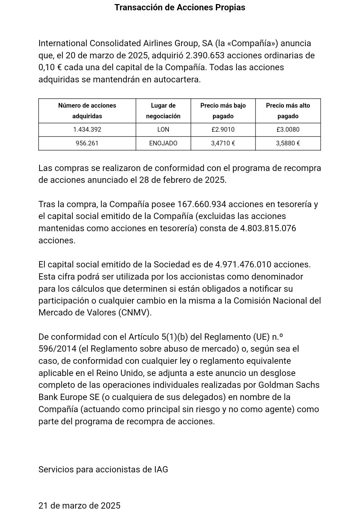 La recompra diaria suele estar 2,4 y 2,6M accs, hay que sumarle un 25% sobre esto que sueltan cataríes fuera mercado, creo.