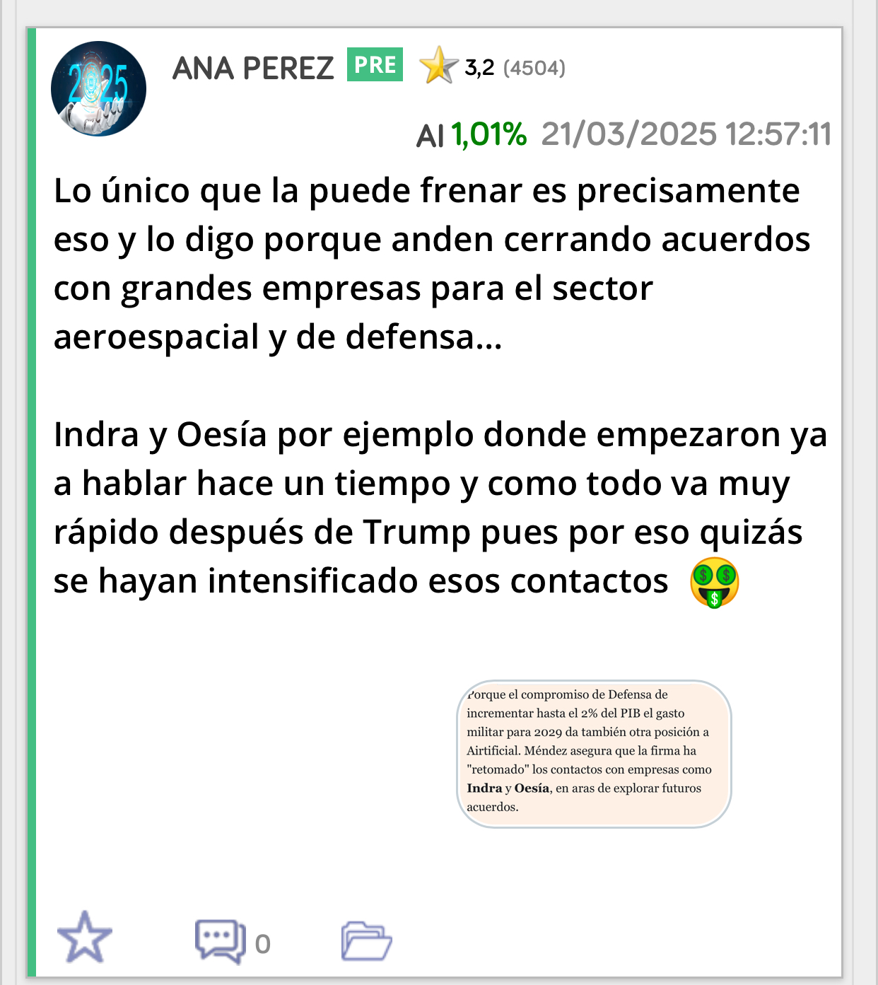 Dije que si no subía en resultados sería por esto …
Y que por eso era mejor ser prudentes si no se cumplían vuestras expectativas porque el motivo no es que la empresa no vaya bien y los resultados serían muy buenos pero si andan cerrando acuerdos no la soltarán hasta que esté todo cerrado…