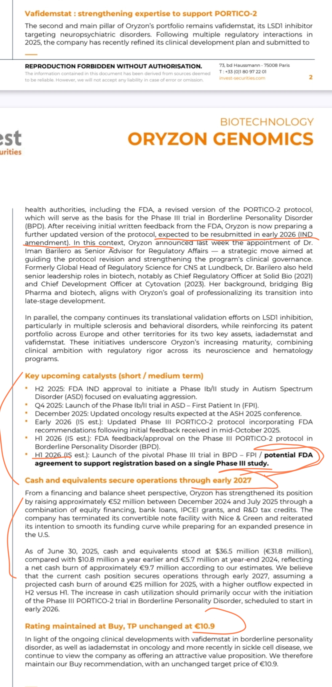 Invest Securities establece ese timing...( Se lo dijo la empresa es de suponer )....y ya lo hemos visto en varios informes
Tras recibir los comentarios iniciales por escrito de la FDA, Oryzon está preparando una versión actualizada del protocolo, que se espera volver a presentar a principios de 2026 (enmienda IND).