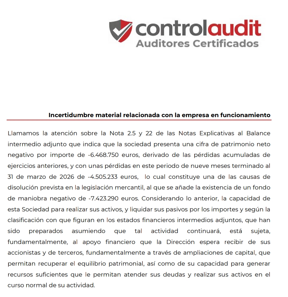 No olvidar, que luego vendrán los lloros:
Resultados del 1º trimestre 2026
- Ingresos de 279.000 euros
- Pérdidas de 818.079 euros
- Patrimonio neto negativo 6,47 millones